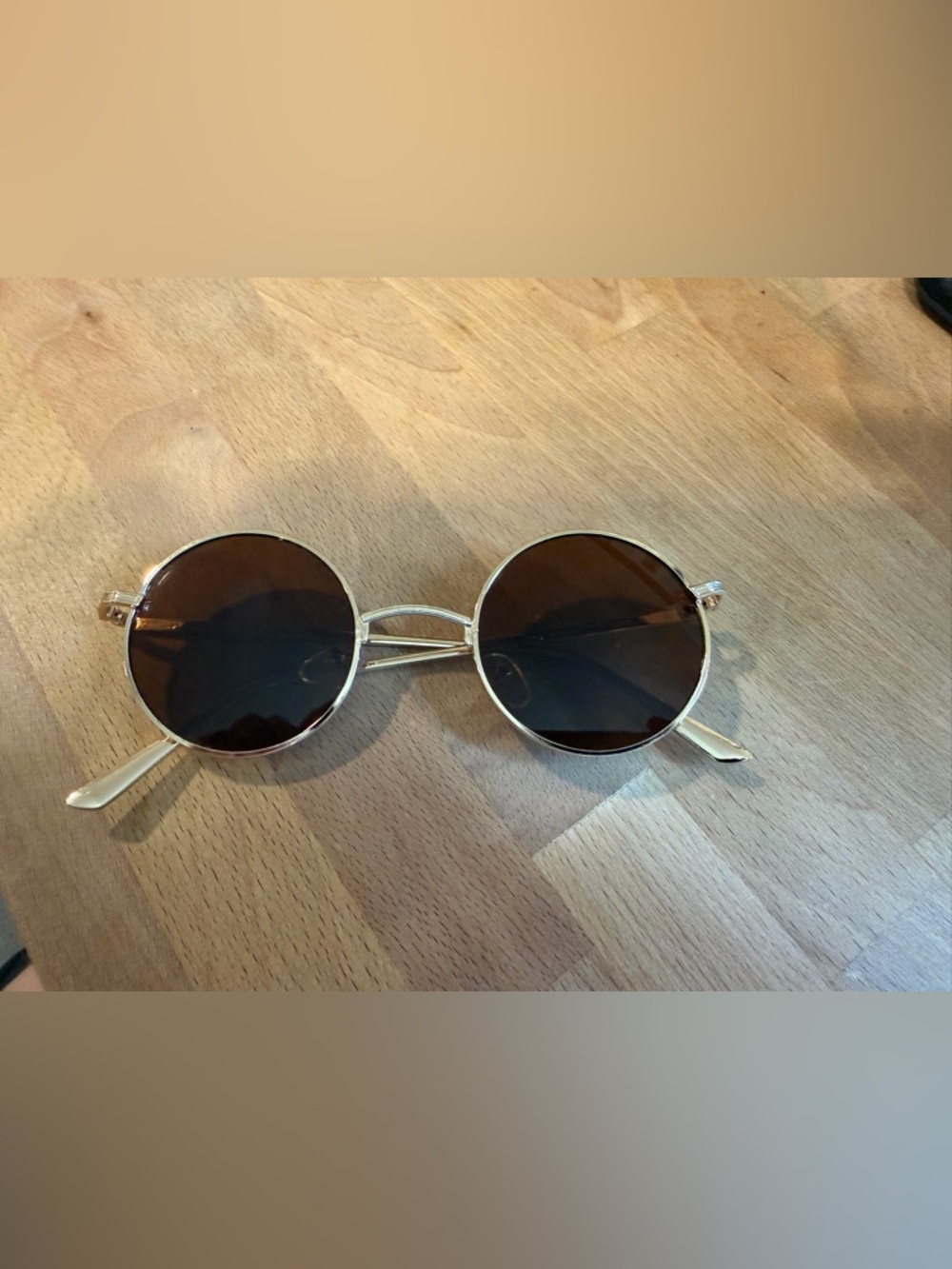 Retro John Lenon Style Sun Glasses - Gold Colored Frame & Black Lenses